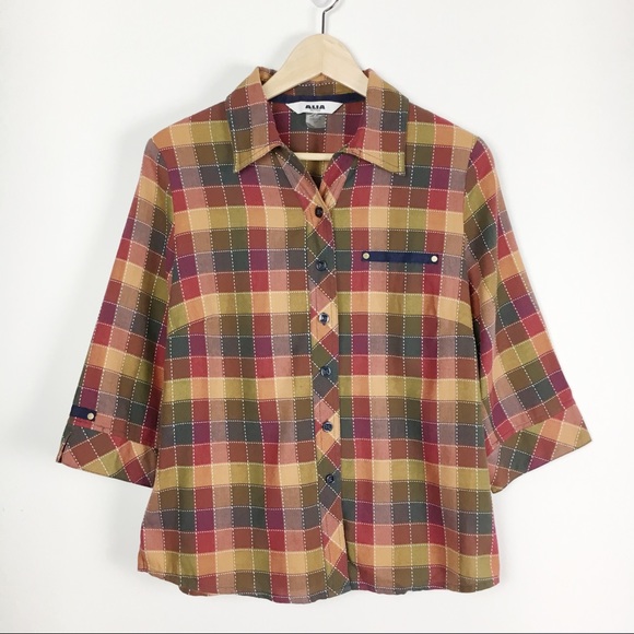 Alia Tops - ALIA Plaid Three Quarter Sleeve Button Up Shirt